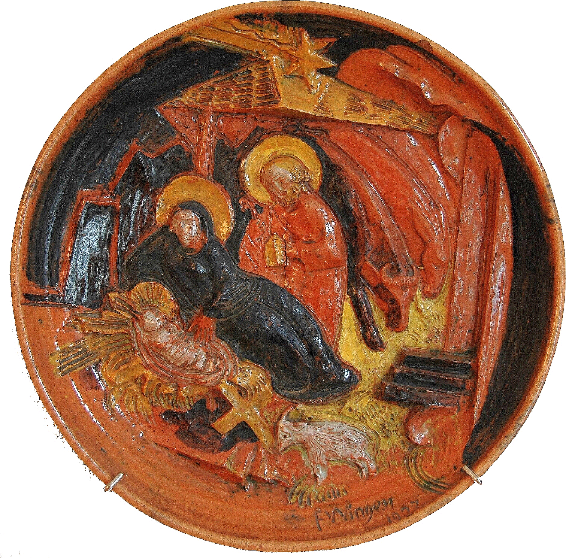 Keramischer Bildteller von Fritz Wingen mit religiöser Darstellung