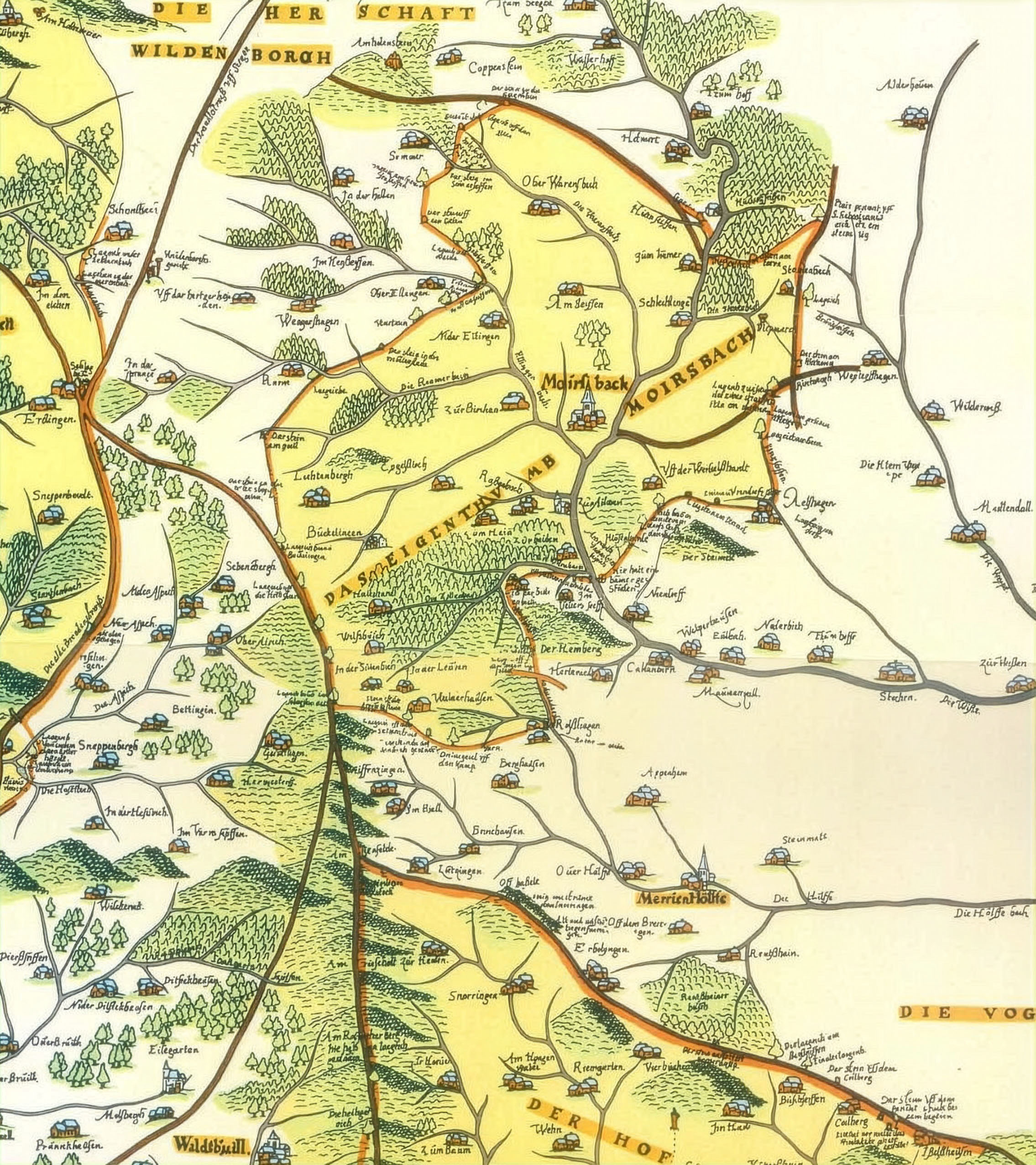 Historische Mercator-Karte von Holpe als „Merrien Höllfe“ mit Darstellung des Marienbrunnens