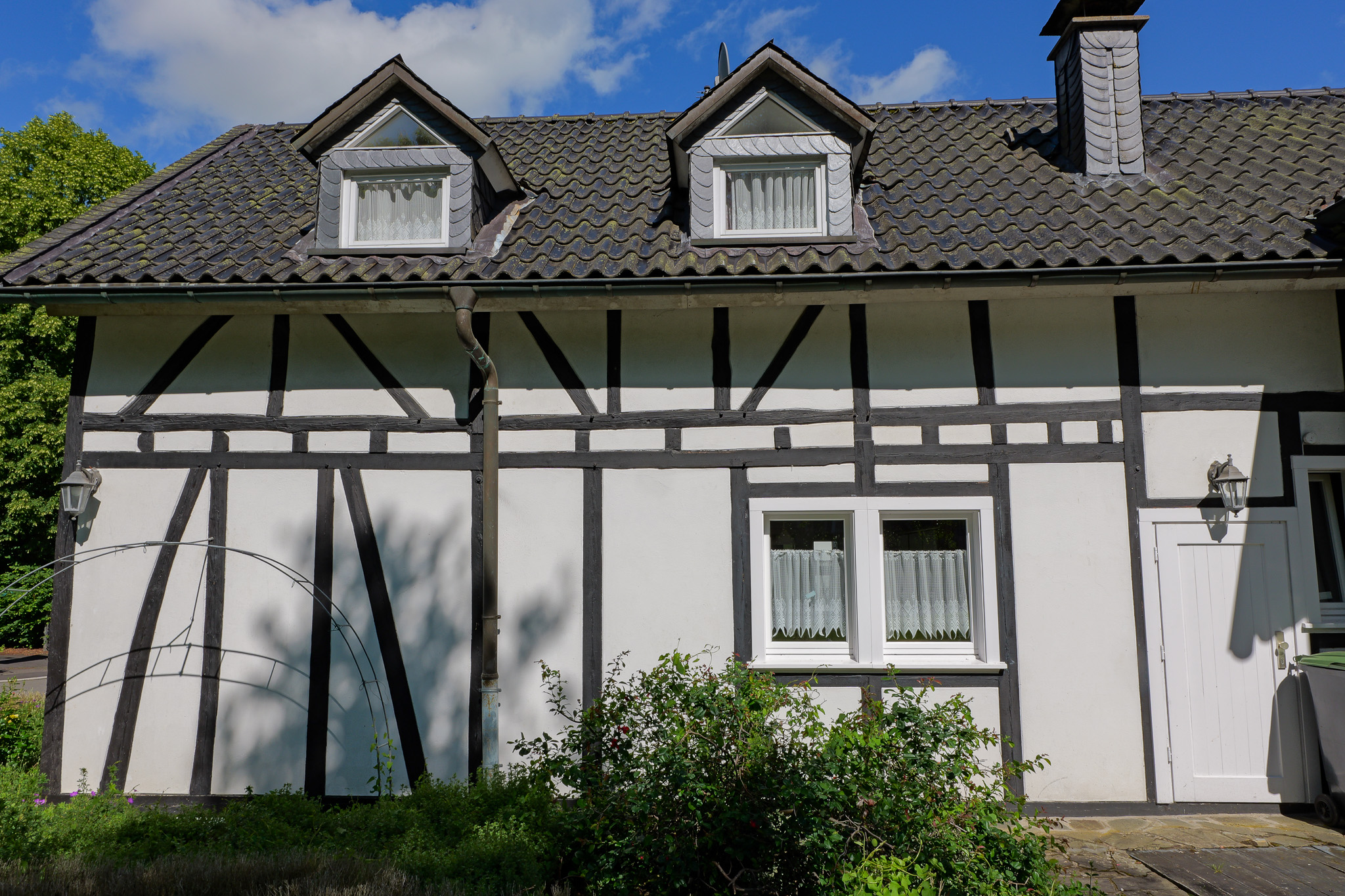 Seitenansicht eines Fachwerkhauses in Holpe mit grauen Balken auf weißem Putz, zwei Dachgauben, einem schlichten Hauseingang und natürlichem Bewuchs im Vordergrund.